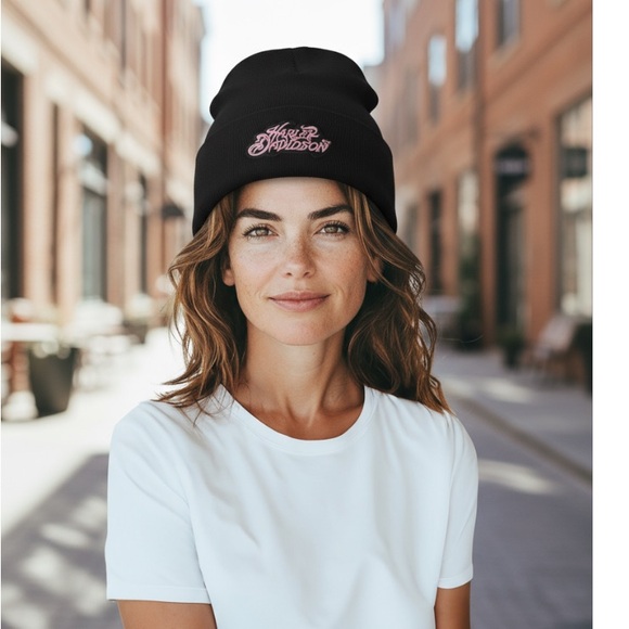 Women’s Black Knit Beanie With Pink Harley Davidson Embroidery Patch - Picture 2 of 5